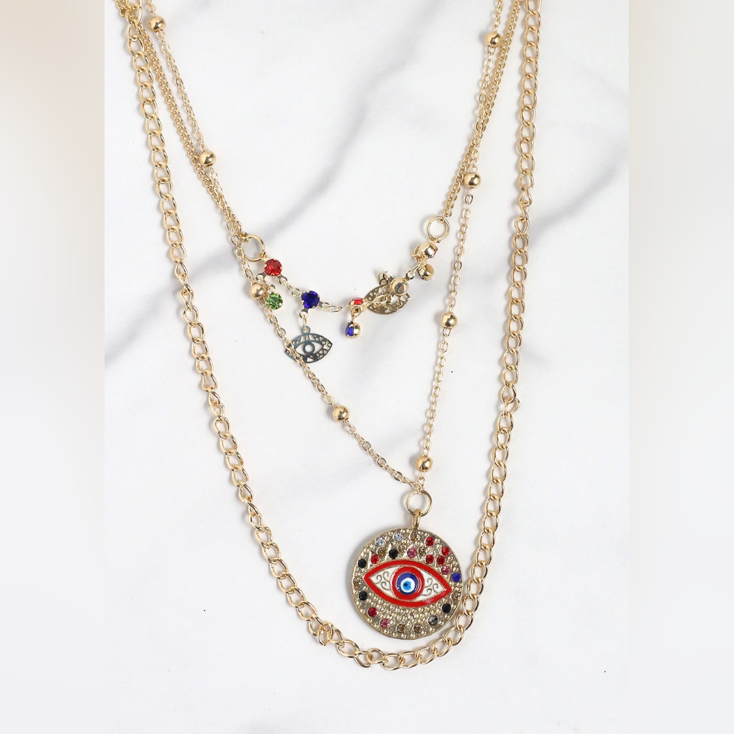 New Evil Eye Layered Charm Necklace Gold Red Black Silver Charms